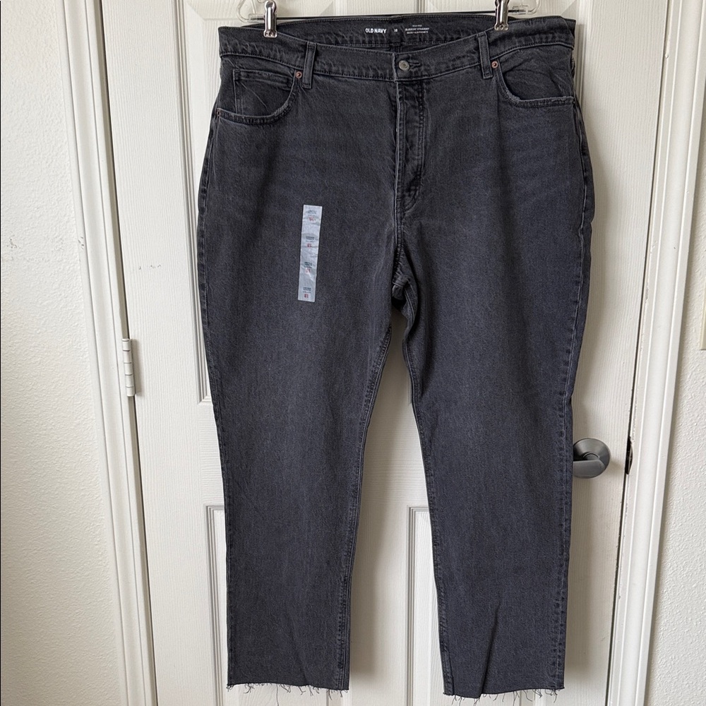 Old Navy Size 18 Charcoal Gray High-Rise Slouchy Jeans with raw hem.